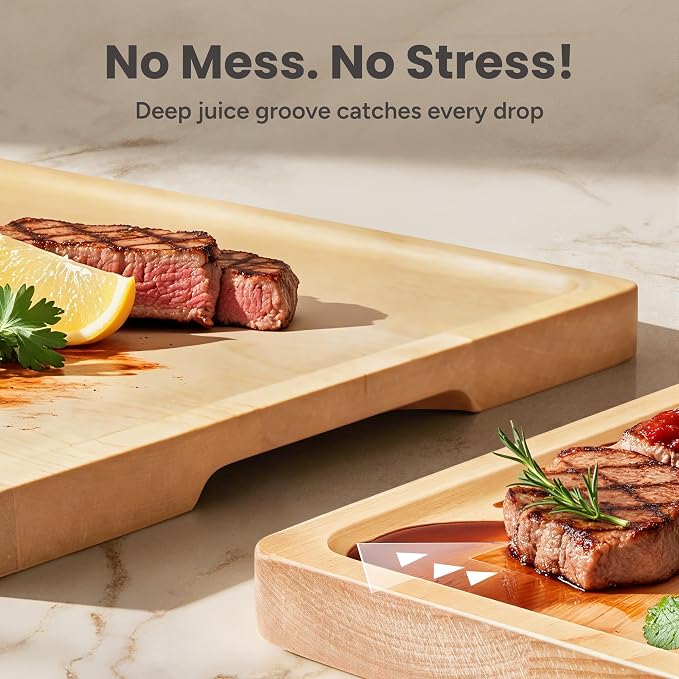SMIRLY Cutting Boards for Kitchen, 3 Piece Birch Cutting Board with Stand | Non Toxic Wooden Cutting Board with Juice Grooves and Handles, Multiple Sizes Chopping Boards for Meat Vegetable Charcuterie