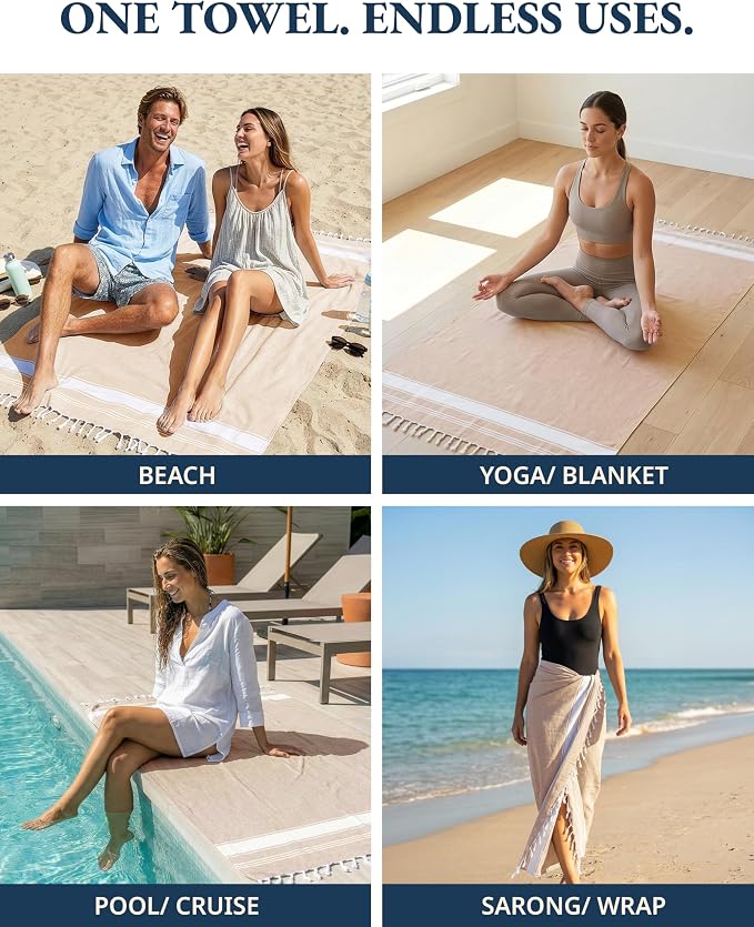 LANE LINEN Oversized Beach Towels, Super Absorbent, Travel Towel - Beige | 2 Pack Turkish Towel Set for Adults - Lightweight, Quick Dry - Absorbent & Sand Free - Vacation Essential, Machine Washable