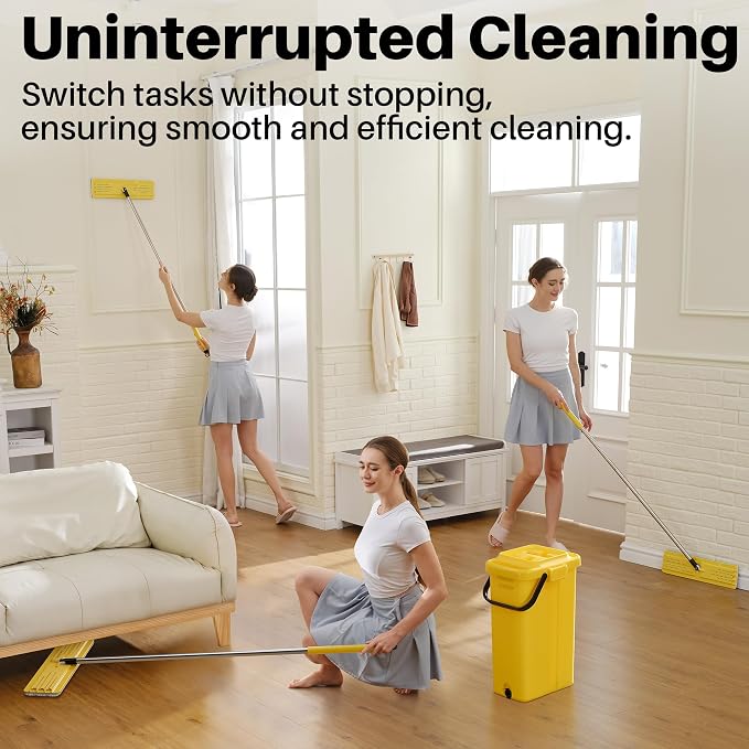 JOYMOOP Industrial Mop and Bucket Set, 17.7-inch Dust Mops for Floor Cleaning, Flat Mop Bucket with Wringer, Include 3 Reusable Microfiber Mop Pads - Yellow