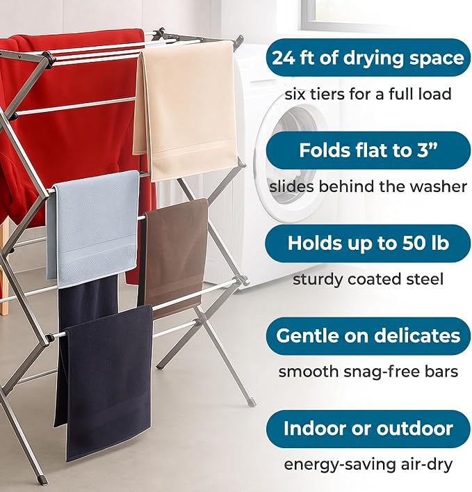 Honey-Can-Do 6-Tier Collapsible Steel Clothes Drying Rack, 24 ft, White | 6-tier steel rack with 24 ft of drying space folds flat to 3 in. Coated bars are gentle on delicates; 50 lb capacity.