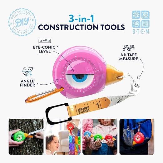Handy Famm Kids Tape Measure – 8ft Pink Bird Retractable Measuring Tape with Level & Protractor, STEM Montessori Tool, Toddler Safe, Gift for Boys & Girls Ages 3+