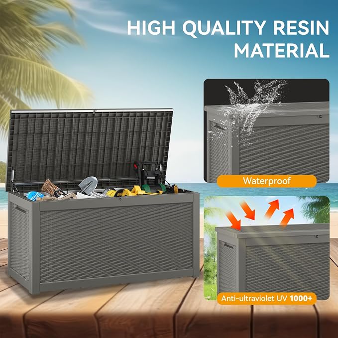 320 Gallon Outdoor Storage Box, Resin Deck Boxes Indoor and outdoor, Waterproof Storage Box Lockable Lid for Garden Tools, Package Delivery, Patio Cushions, Grey