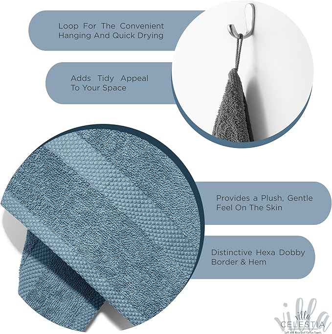 Villa Celestia Cotton Washcloths Set of 12, 12x12 Inch, 100% Ring-Spun Combed Cotton, Soft Absorbent Quick-Dry Wash Cloths for Face and Body, Oeko-TEX Certified, Hotel & Spa Quality, Blue
