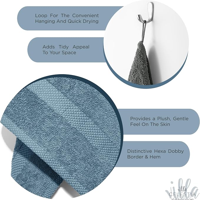 Villa Celestia Cotton Hand Towels Set of 2, 16 x 28, Oeko-TEX Certified, Quick Dry, Blue
