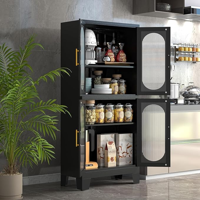 GAIOUS Black Kitchen Pantry Cabinet,Storage Cabinet with Acrylic Glass Door | and Adjustable Shelves, Metal Food Storage Cupboard, Tall Versatile Storage for Kitchen, Dining Room, Home Office and Bedroom