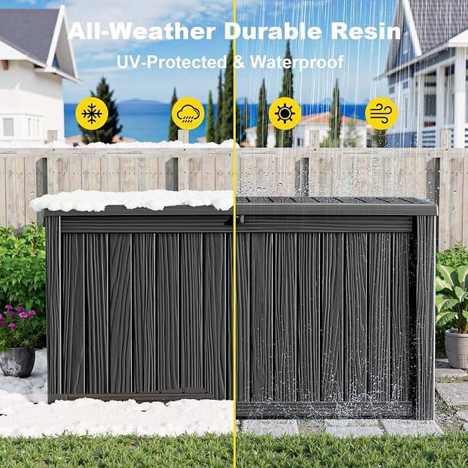 DRATO 200 Gallon Deck Boxes Outdoor Waterproof, Lockable Outdoor Storage Box for Patio Furniture Pool Supplies Garden Tools, Weatherproof Resin Storage Box for Backyard (Black, 200 Gallon)