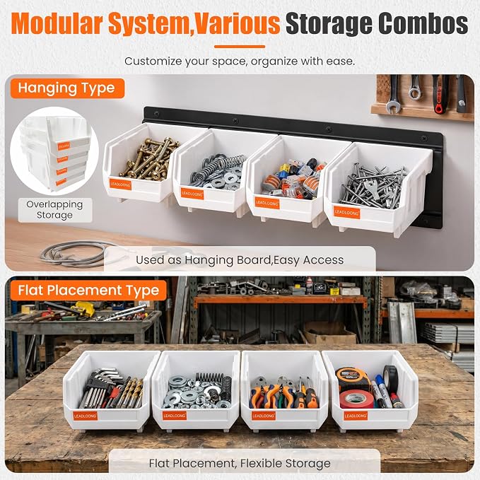 16pc Wall-Mounted Storage Organizer Set with Metal Rails White | Heavy duty tool organization box with metal rails. Ext 5"x4"x3" for garage screws nuts bolts.