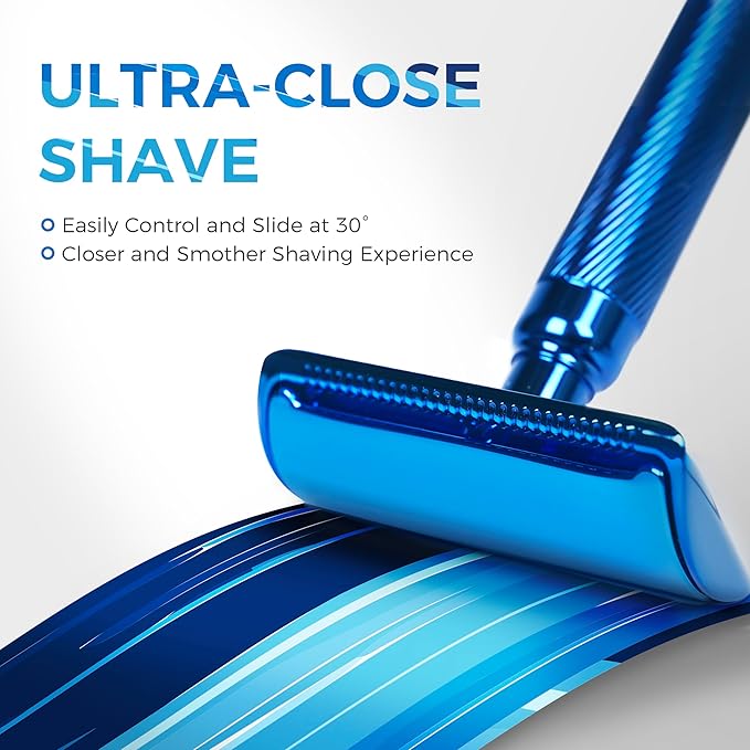 Double Edge Safety Razor, Metal Razor Includes 10 Double Edge Blades | Premium noble blue finish with a vibrant metallic appearance and durable coating.