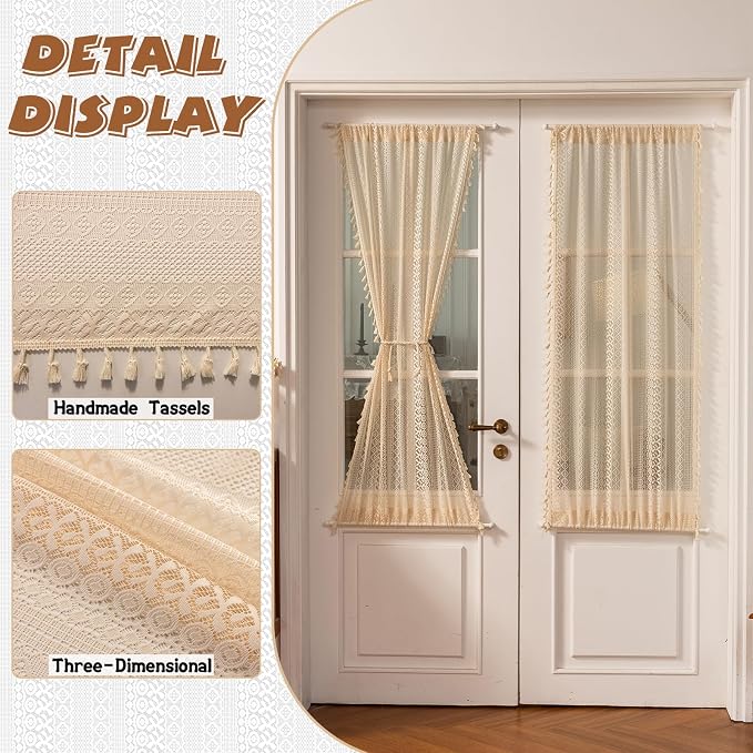 Sutuo Home French Door Curtains for Front Glass Door & Sidelights, Cottagecore Semi Sheer Farmhouse Rustic Tassels Vintage Chic Privacy Bohemian Decor, Rod Pocket 2 Panels 25" W x 72" L Beige