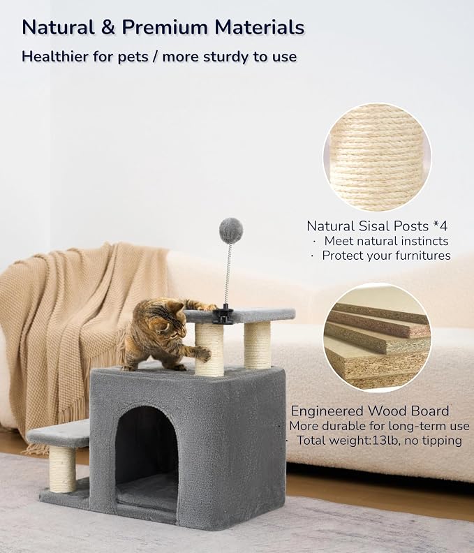 Happi N Pets Cat Stairs with Scratching Post & Large Condo, Stable Pet Steps for High Beds Couch, 3 Combinations Cat Ramp Tree Tower for Cats or Small Dogs, Removable Cushion & Bonus Toy, Gray