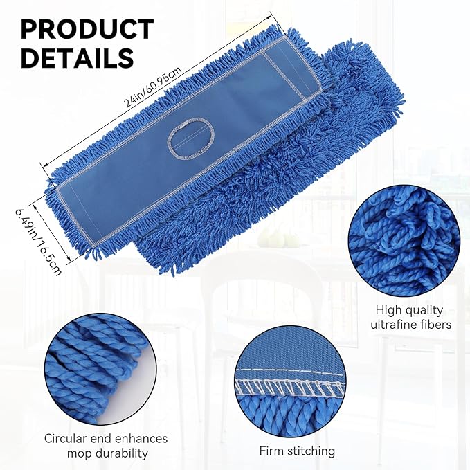 3 Pack 24 Inch Microfiber Dust Mop Head, Medium Washable Commercial Sweeper and Janitorial, Blue