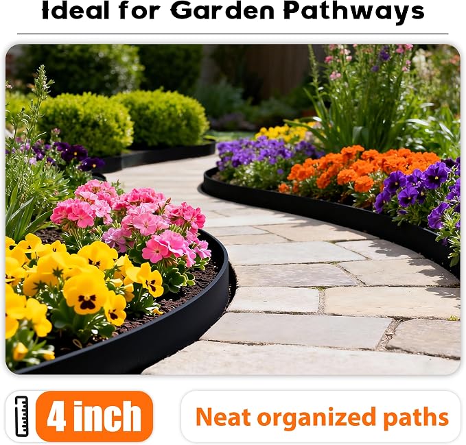 Landscape Edging 4 Inch Tall No Dig Garden Edging Border 60FT with 60 Metal Stakes,Lawn Edging for Yard, Flower Bed and Landscaping (Black, 60FT x 4 Inch)