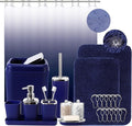 XLHOMO 24PC Navy Blue Bathroom Set with Shower Curtain and Rugs, Blue Bathroom Sets Complete with Trash Can,Soap Dispenser,Soap Dish,Toilet Brush,Toothbrush Holder and Cup,Tray,Q-Tip Holders