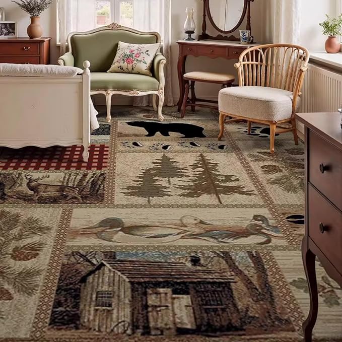 Rustic Lodge Cabin Bear Rugs 6ftx9ft Western Bear Indoor Print Area Rug for Bedroom Living Room Entrance Non-Slip Vintage Cabin Moose Deer Bear Carpet