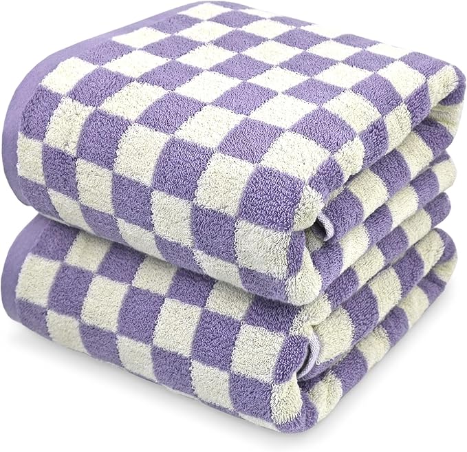 Shower Towels for Bathroom 27.5x55 Inches - Cute Checkered Towel Sets Lilac | Quick Dry Bath Towels Soft & Lightweight (2Pack), 520 GSM Absorbent Cotton