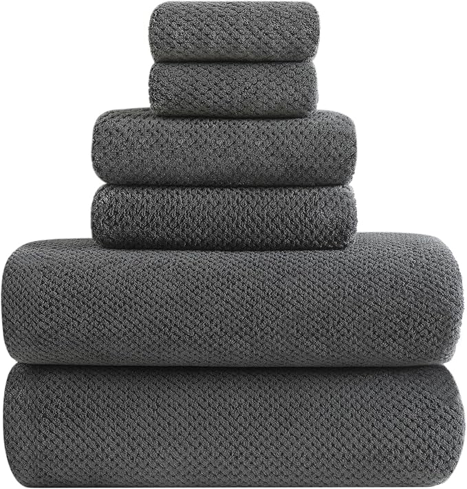 YTYC 29x59 Bath Towels Set,Towels for Bathroom,Charcoal,6-Pieces | 2 Large Bath towels,2 Hand towels (14x29"),2 Washcloth (13x13"),Super Soft,Highly absorbent,Hanging Loop,80%Polyester