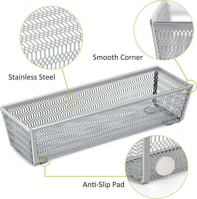 Neudeco Drawer Organizer Set, Silver Mesh, 6 Pack | 5-Compartment Silverware Tray, 5 Utensil Trays, Non-Slip, For Flatware, Cutlery, Office Supplies