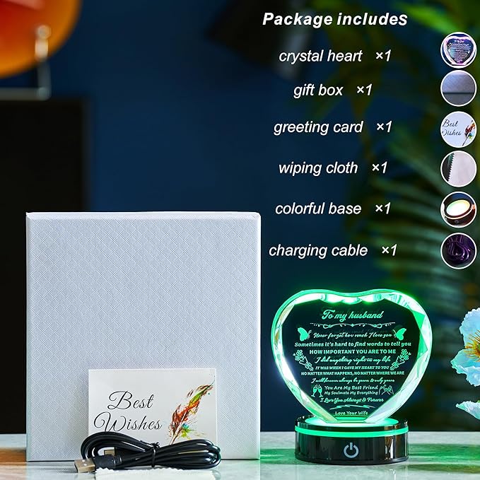 Romantic Crystal Gifts for Husband, I Love You Keepsake with Colorful LED Base, Best Anniversary & Birthday Present for Him,Fathers Day Valentine's Day Christmas Gift Ideas for My Man