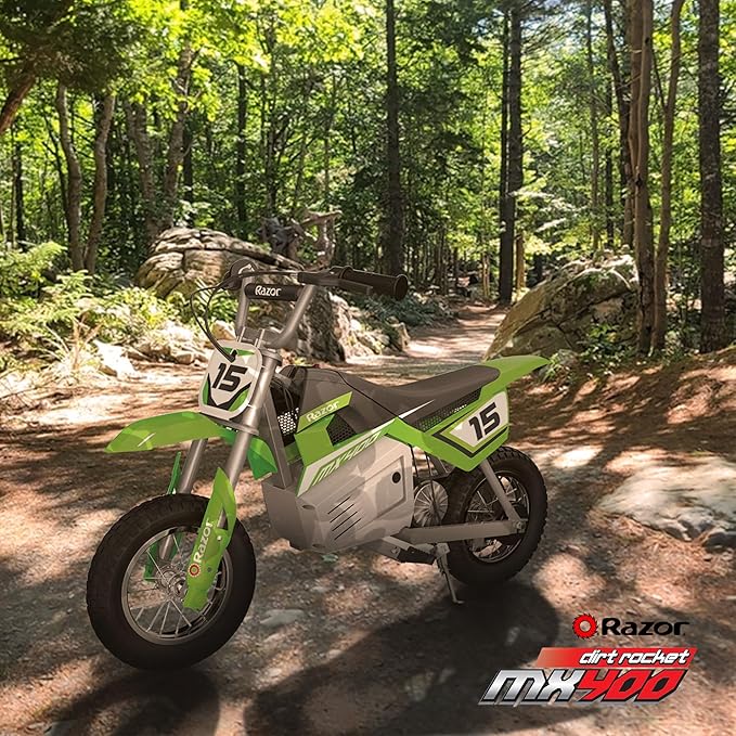 Razor MX400 Dirt Rocket Electric Bike for Kids Ages 8+, 140 Pounds Max Weight, Green – 24-Volt Battery, up to 14 Mph, 30-Minute High Speed Ride Time, Twist-Grip Throttle, 12-Inch Pneumatic Tires