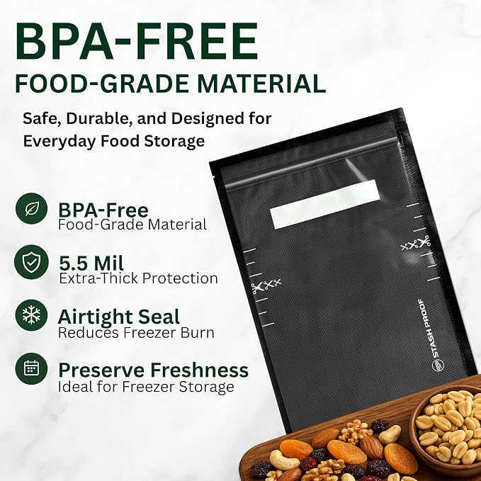 Vacuum Seal Zipper Bags 8" x 12" (100 Count) 5.5 Mil (Black & Clear) Precut BPA Free Resealable Heavy-Duty Commercial Grade Food Sealer Bags for Food Saver,Sous Vide, Meal Prep, Freezer Storage