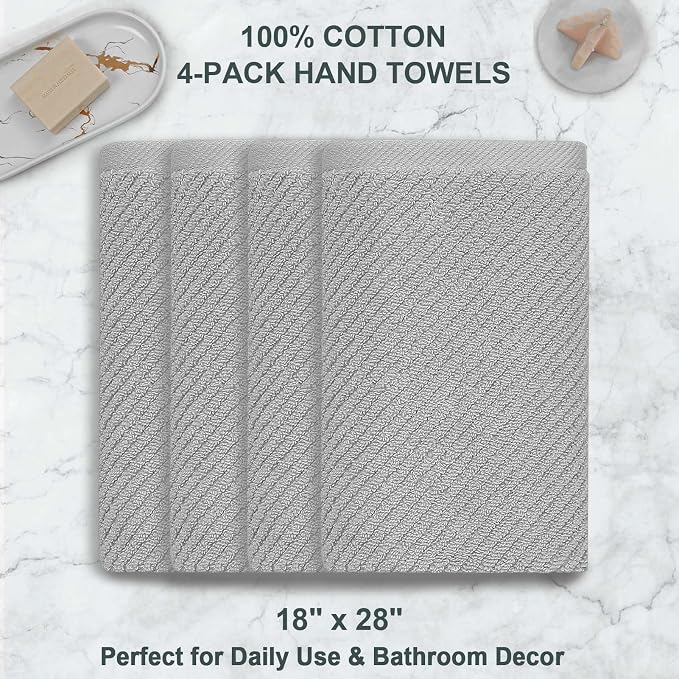 VOOVA & MOVAS Bathroom Hand Towels 4PC, 100% Cotton, 18x28 in, Gray | Thick, Quick Dry, Soft, Absorbent, Grey Towel Gift Set, Ideal For Home, Housewarming, Holiday Present
