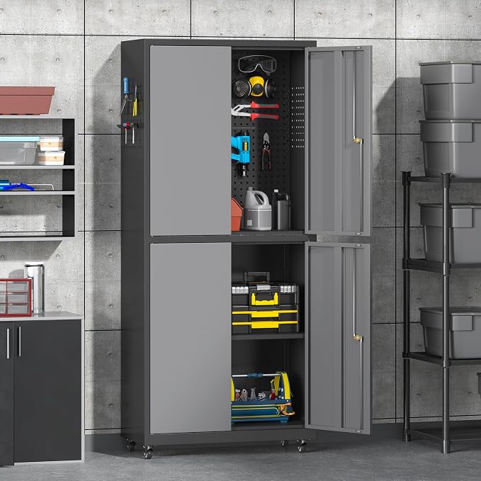 71" H Metal Tool Storage Cabinet with Lock and Wheels, Heavy Duty Garage Cabinet with 4 Doors and 2 Adjustable Shelves, Tool Organizer with Pegboard for Garage, Warehouse (Black&Gray, 71" H)