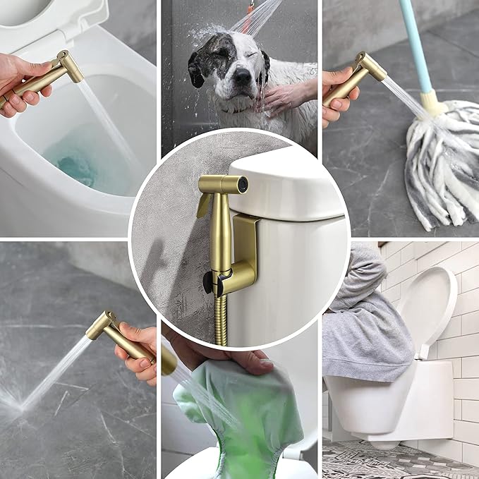 SHAMANDA Handheld Bidet Sprayer for Toilet, Stainless Steel Baby Cloth Diaper Sprayer Kit, Bathroom Toilet Bidet Attachment Set for Bathing Pets Feminine Hygiene, Brushed Gold BDS01-3