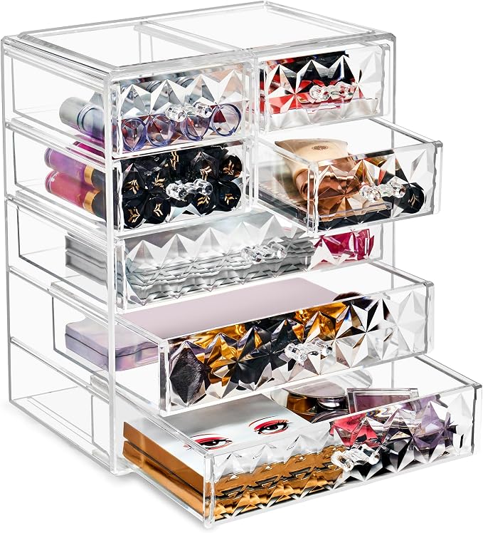 Sorbus Acrylic Makeup Organizer Set, 7-Drawer Vanity & Countertop Cosmetic Storage with Small & Wide Drawers, Diamond Makeup Storage for Brushes, Lipsticks, Jewelry – Holiday Gift for Women & Teens