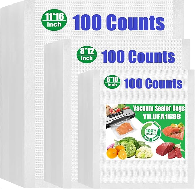 Vacuum Sealer Bags For Food-300 Quart 11"x16"and Quart 8"x12"and Pint 6"x10"-Commercial Grade BPA-Free Food Storage Bags | Puncture Resistant for Sous Vide ，Freezing & Meal Prep