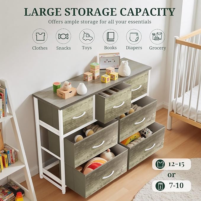 7-Drawer Dresser for Bedroom, Anti-Tip Wide Storage Organizer Fabric Chest of Drawers TV Stand for 45" TV with Wooden Top and Metal Frame for Closet, Living Room, Hallway, Entryway, Greige Oak