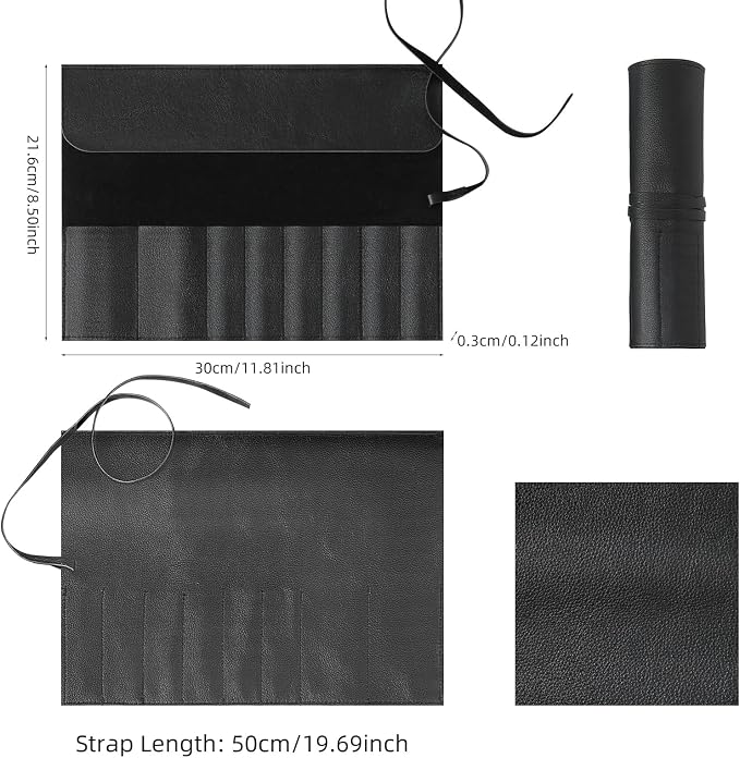 Kacctyen Black Leather Makeup Brush Roll, Full Grain Leather Organizer with 8 Brush Slots, Travel-friendly Cosmetic Tool Holder for Makeup Artists & Beauty Enthusiasts