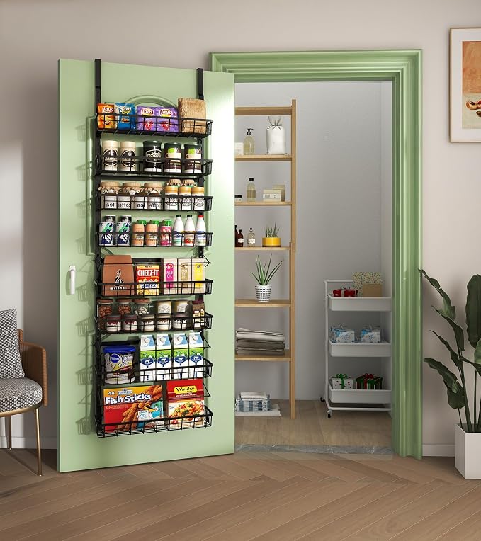 Mefirt Over The Door Pantry Organizer, Wall Mount Spice Rack, Pantry Hanging Storage and Organization, 8 Adjustable Baskets Heavy-Duty Metal for Home & Kitchen, Back of Door Seasoning Rack - Black