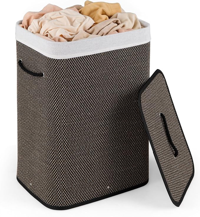 Giantex Bamboo Laundry Hamper with Lid, Removable Liner & Portable Handles | 19 Gal Large Capacity Clothes Hamper, Rectangular Laundry Basket for Bedroom Bathroom Laundry Room, Dark Taupe