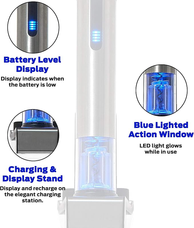 Wine Enthusiast 2-in-1 Electric Blue Automatic Wine Bottle Opener and Preserver Set – Fully Electric Corkscrew with Charging Station – Seal Bottle with Vacuum Stopper (7 Piece Set)