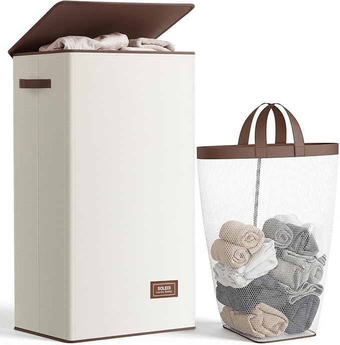 SOLEDI Clothes Hamper with Lid - 100L XL - Large Laundry Basket with Removable Bag, Collapsible Laundry Baskets, Convenient Storage - Hampers for Laundry for Bedroom, Bathroom, Closet, Dorm, Off-White