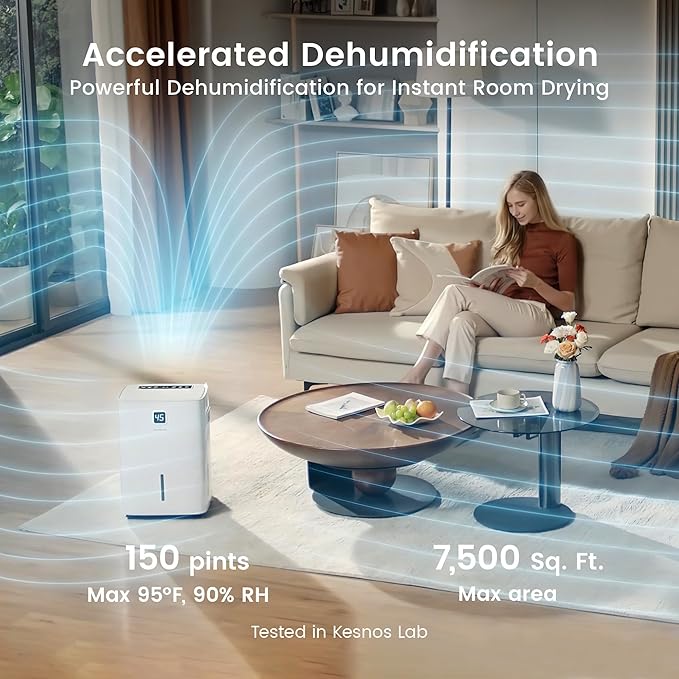 Kesnos 150 Pints Dehumidifier for Basement, Commercial and Industrial Large Room, 2.11 Gal Water Tank with Drain Hose, Ideal for Whole Home up to 7,500 Sq. Ft., Front LED Display, Timer