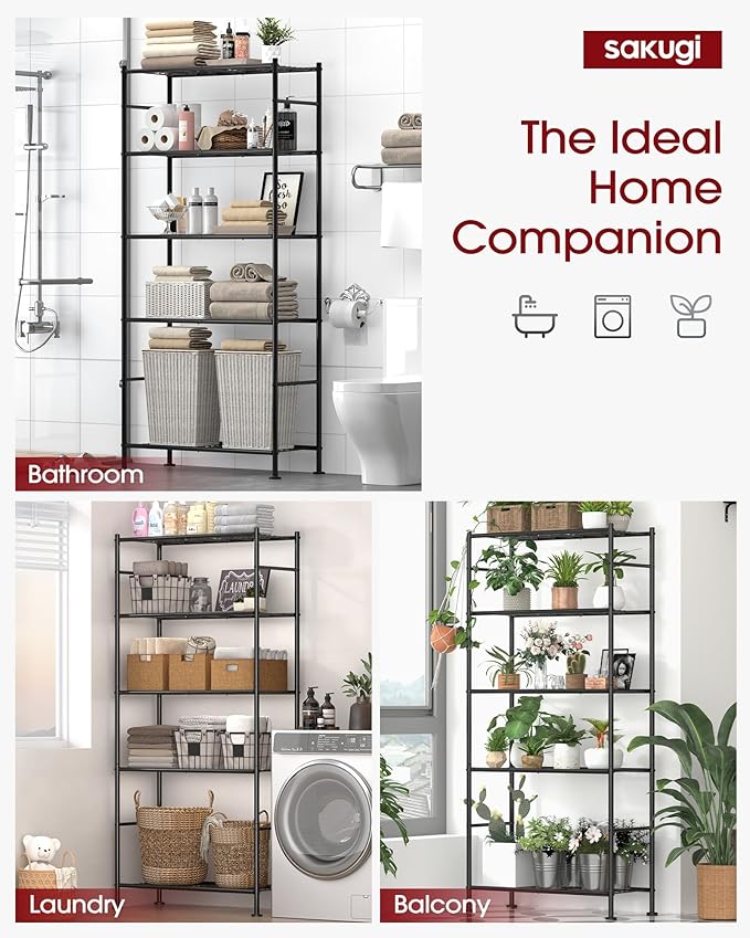 Sakugi Storage Shelves - 5 Tier Shelf Organizer, Heavy Duty Garage Shelving Unit with Leveling Feet, Stable Metal Shelves Organizer for Pantry, Kitchen and Closet, 33.0" W x 12.6" D x 72.0" H, Black