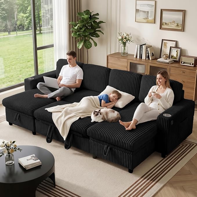 U-Shaped Couch with Pull-Out Bed. Sectional Sleeper Sofa, Black | Hidden Storage, USB & Type-C Port, Cup Holders, Cloud Corduroy, Modular Design for Living Room, Apartment, Easy Assembly