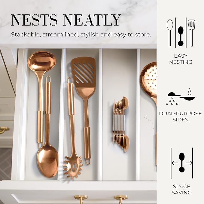 Styled Settings 33-Piece Blue and Copper Kitchen Bundle – 17-Piece Utensil Set, 8-Piece Magnetic Measuring Spoons, and 8-Piece Gold Stainless Steel Measuring Cups