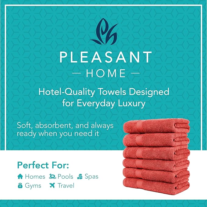 Pleasant Home Bath Towels Set of 6 (24” x 50”) 100% Cotton, 515 GSM | Lightweight, Soft & Highly Absorbent Luxury Towels for Bathroom | for Gym, Pool & Spa | 6 Pack, Red