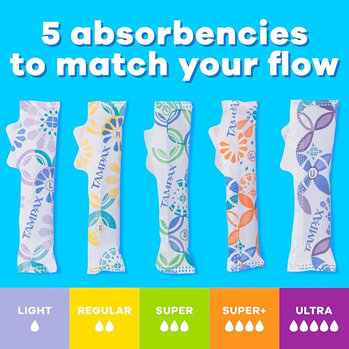 Tampax Pearl Tampons Tampons with Leak-Proof Braid, Lightweight/Regular/Super Absorbent, Unscented (Pack of 64)