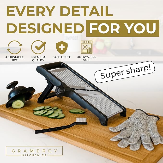 Gramercy Mandoline Food Slicer, Vegetable Cutter, Potato Slicer, Mandolin for Kitchen, Veggie Cutter, Cucumber Tool - Comes with One Pair Cut-Resistant Gloves
