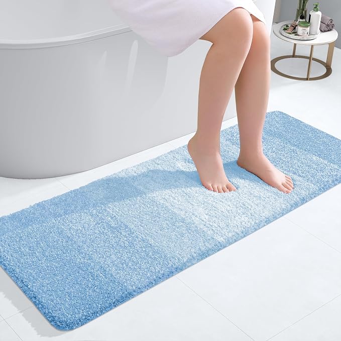 OLANLY Bathroom Runner Rugs Mat 47x17, Extra Soft Absorbent Microfiber Bath Rugs, Rubber Backing, Quick Dry, Washable Long Bath Mats for Bathroom, Tub and Shower, Home Decor Accessories, Sky Blue