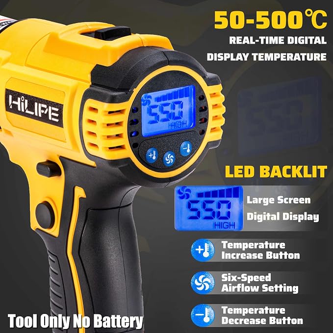 Cordless Heat Gun for DeWALT Battery with LCD Display(No Battery) | Heat Gun with LCD Digital Display,2-Temp Setting Max 1022°F(550°C),Hot Air Gun for Shrink Wrapping, Tube Bending(No Battery)
