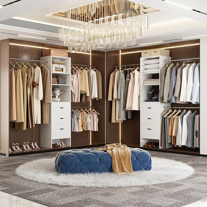 Besiost 96'' Closet Organizer System with 3 Hanging Rods, 8FT Closet Organizers and Storage with 3 Wooden Drawers, Built in Closet Organizer Systems, Adjustable Walk-in Wardrobe from 5-8FT, White