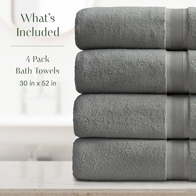 Springtree Home Luxury Bamboo Rayon Bath Towel Set | 4-Pack | Carbon Grey | 35% Bamboo Rayon - 65% Zero Twist Cotton | Absorbent Quick-Dry Towels for Bathroom | Ultra Soft | OEKO-TEX Standard 100