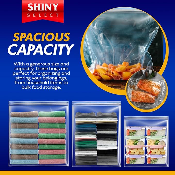 X-Large Bags, Jumbo Big Zip & Lock Freezer & Storage Bags, 5 Gallon, 18"x24" Clear, 50 Pieces