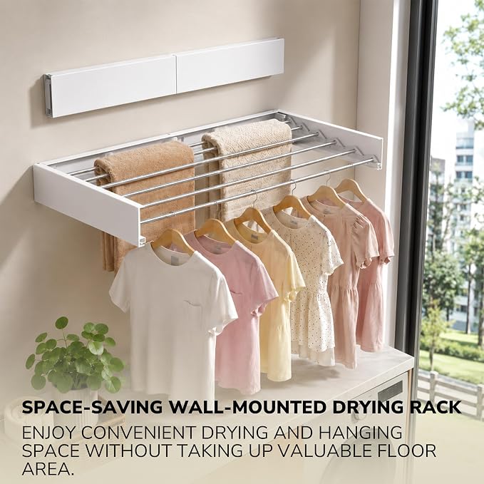 Wall Mounted Clothes Drying Rack Collapsible, Pure Stainless Steel Folding Laundry Drying Rack for Indoor Outdoor Use, Heavy Duty Wall Mounted Clothes Rack White