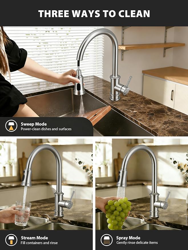 Hiqufet Vintage Kitchen Faucet, Pull Down Sprayer, Brushed Nickel | Easy Install, 360 Swivel, 3 Spray Modes, SUS304 Stainless Steel, High Arc, Fits RV/Laundry/Bar Sinks, High Arc, Lead-Free