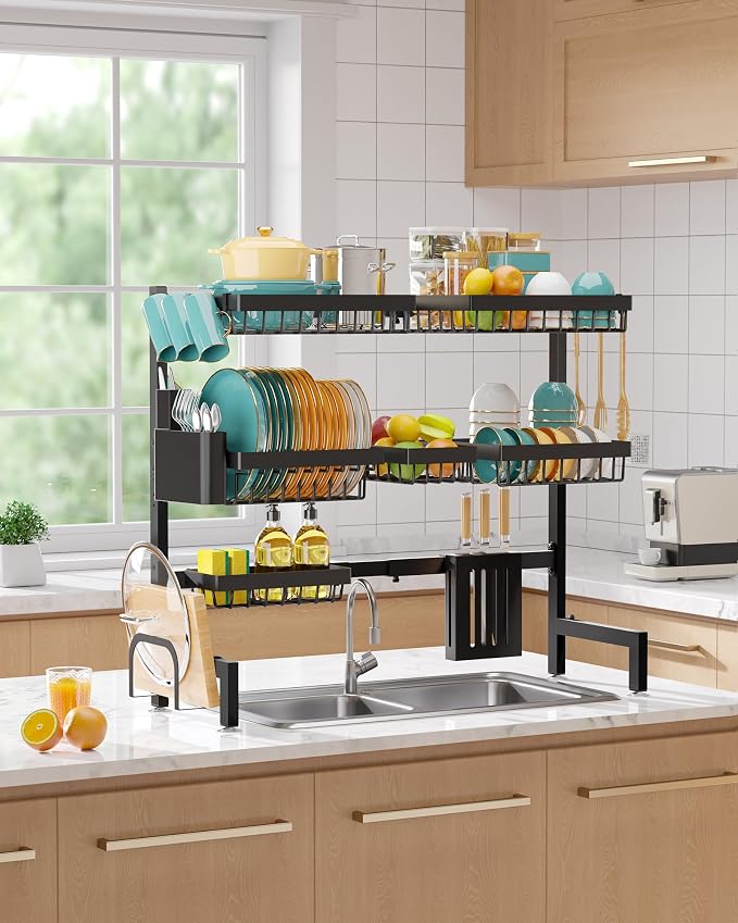 Sakugi Over The Sink Dish Drying Rack - Adjustable 3 Tier XX-Large Capacity Stainless Steel Drainer with Cutlery & Utensil Holders, Kitchen Storage & Organization, 31.5"-39.5"L x 12"W x 30.5"H, Black